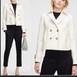 Ann Taylor White Cropped Double Breasted Jacket with Epaulettes Size 4